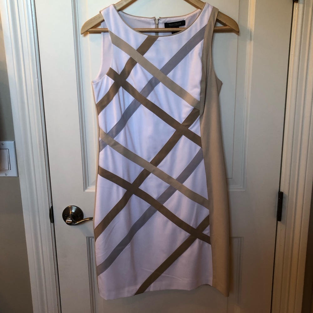 WHBM Tan & White Lattice Pattern Sleeveless Sheath Dress • 0